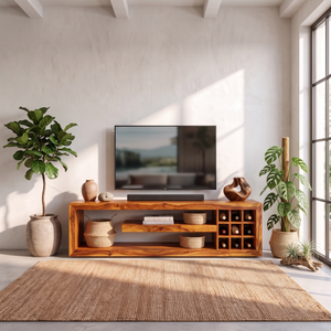 TV Console Solid Wood with Open Media Shelves and Side Cubby Storage for Living Room