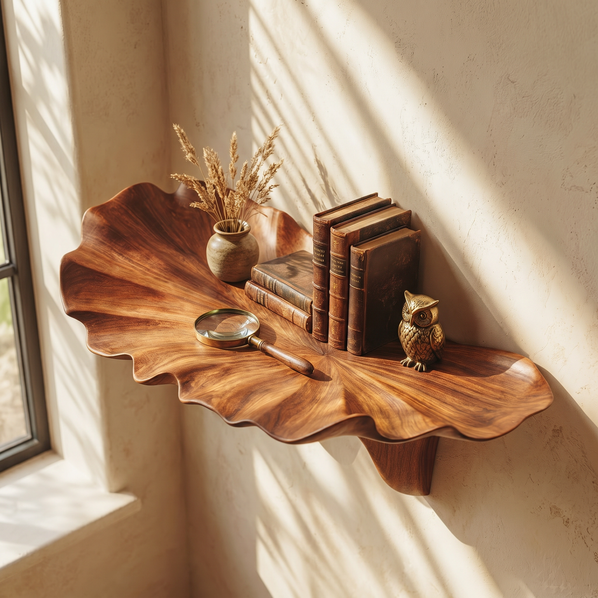 Handcrafted Solid Wood Floating Leaf Wall Shelf with Organic Curved Form