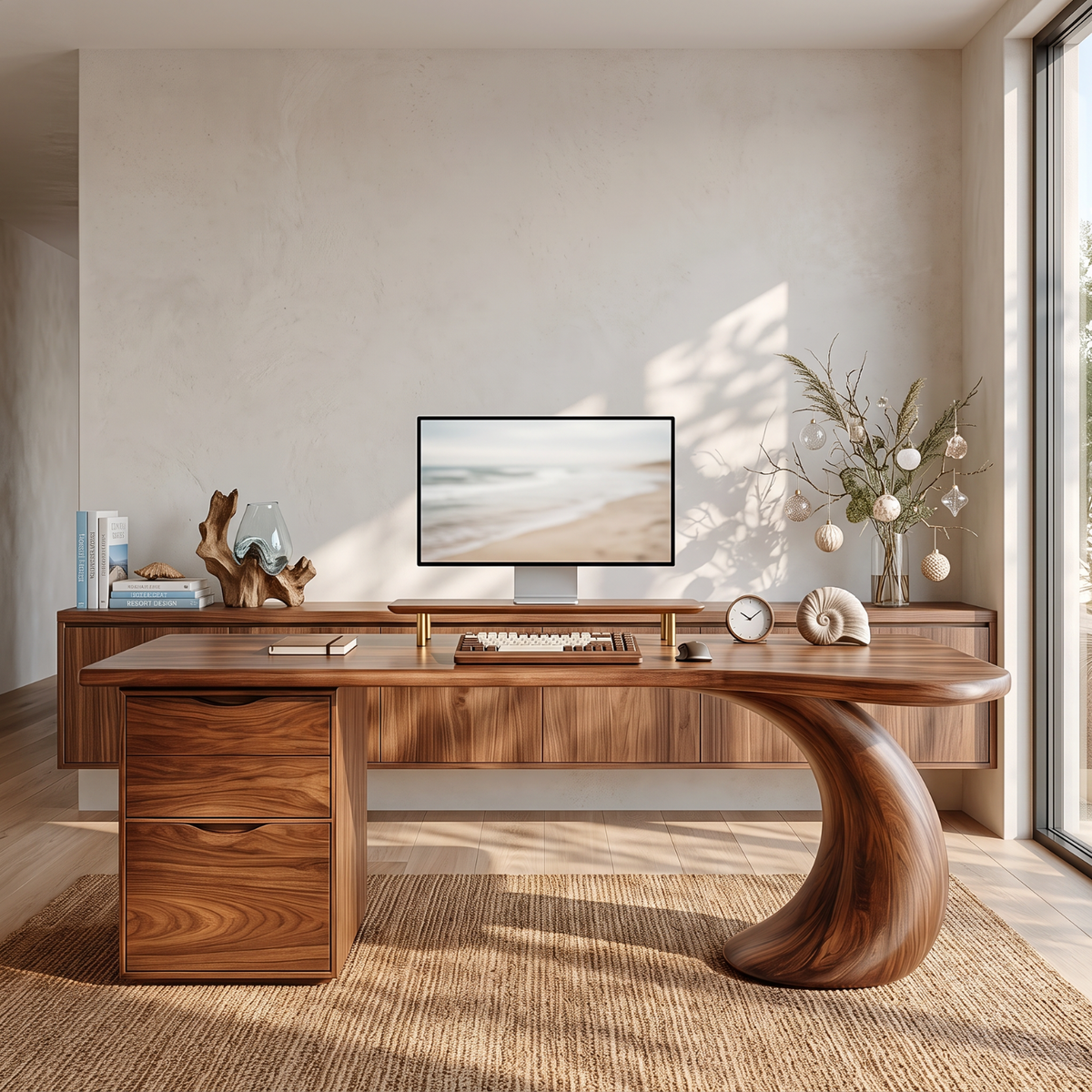 Organic Solid Wood Desk with Sculptural Curved Leg and Two Drawer Cabinet