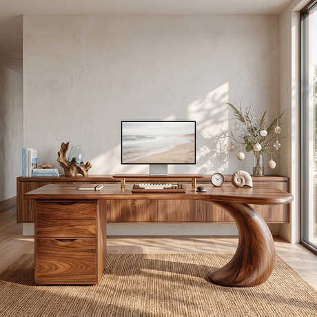 Organic Solid Wood Desk with Sculptural Curved Leg and Two Drawer Cabinet