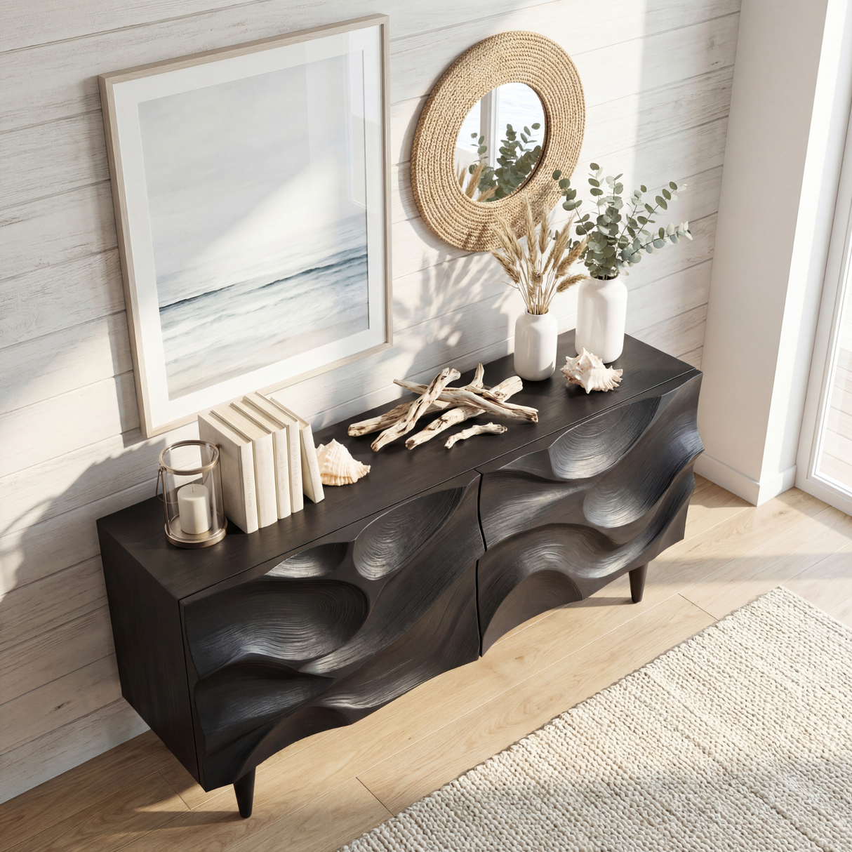 Sculpted Black Wave Front Wood Sideboard Cabinet for Living Room and Dining Room