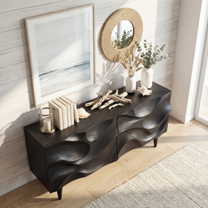 Sculpted Black Wave Front Wood Sideboard Cabinet for Living Room and Dining Room