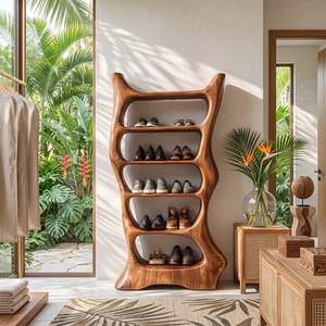 Shoe Rack Solid Wood with Sculptural Organic Frame and Multi Tier Shelves