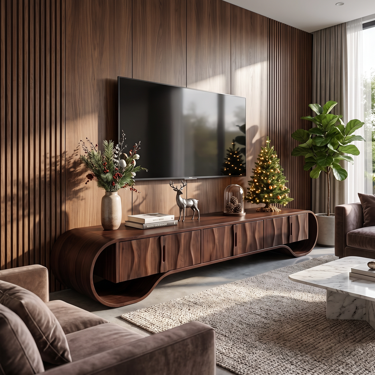 TV Stand with Sculptural Oval Frame and Natural Grain Cabinet Doors