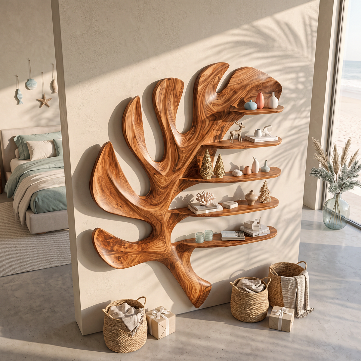 Tropical Leaf Solid Wood Wall Shelf with Sculptural Floating Display Shelves