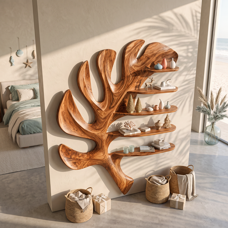 Tropical Leaf Solid Wood Wall Shelf with Sculptural Floating Display Shelves