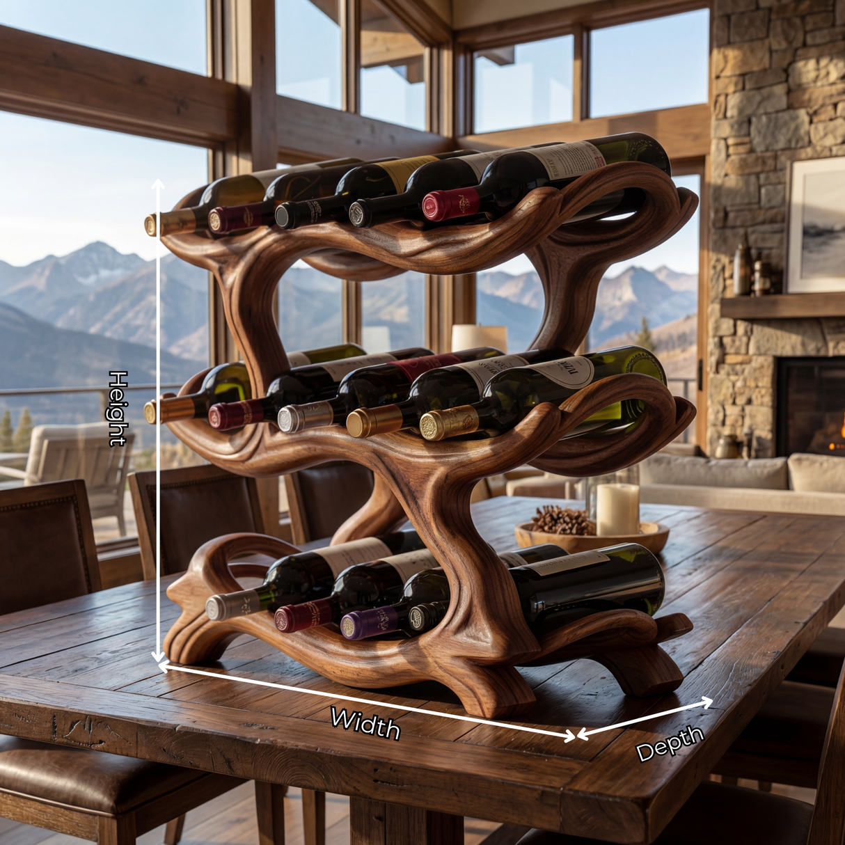 Organic Solid Wood Wine Rack Multi Tier Sculptural Bottle Holder for Kitchen Counter Display