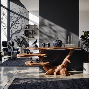 Handcrafted Solid Wood Console Table with Asymmetrical Shelves and Branching Base