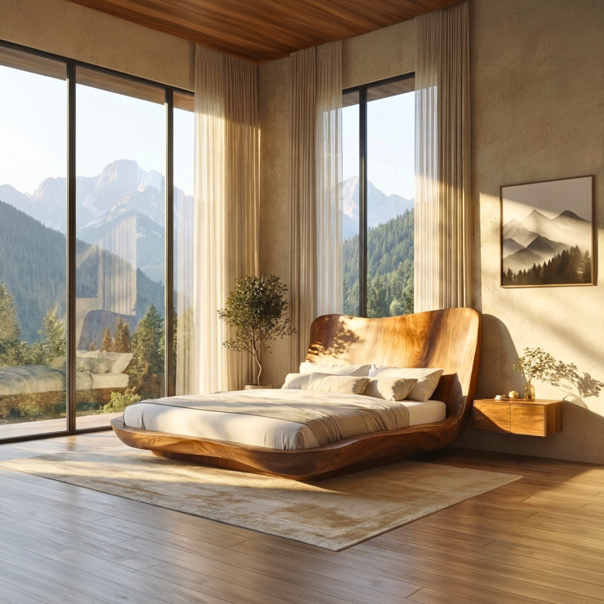 Wraparound Solid Wood Platform Bed with Sculpted Headboard