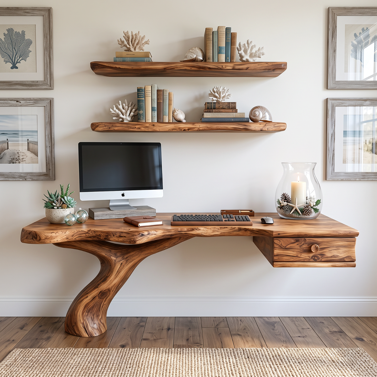 Live Edge Solid Wood Desk with Sculptural Curved Leg and Floating Drawer