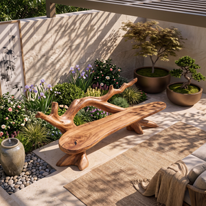 Organic Solid Wood Garden Bench with Natural Branch Backrest