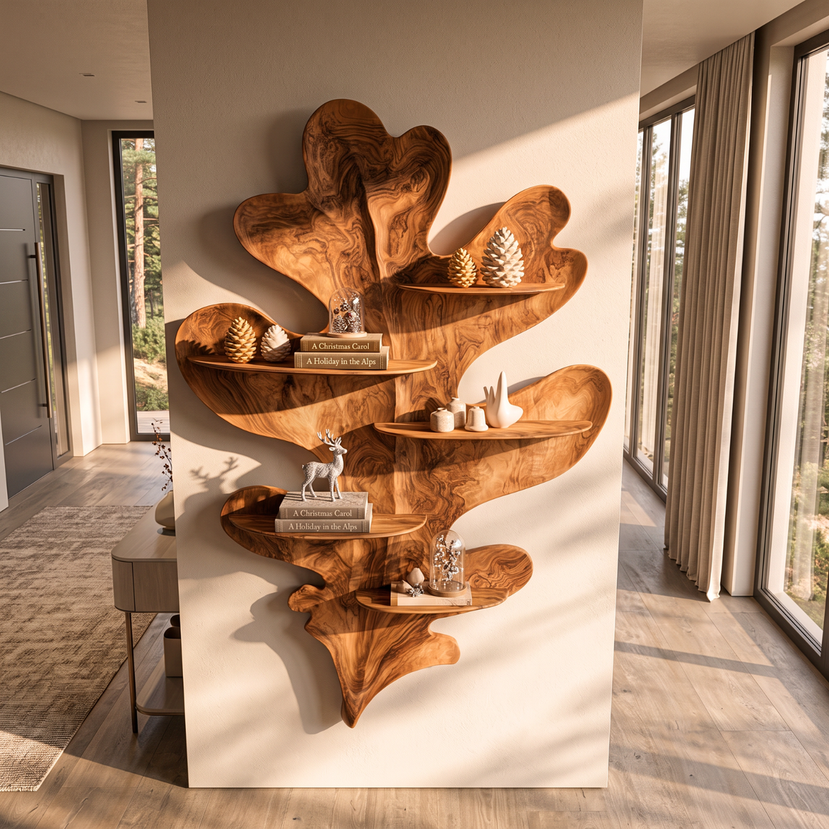 Sculptural Leaf Solid Wood Wall Shelf with Organic Botanical Display Design