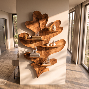 Sculptural Leaf Solid Wood Wall Shelf with Organic Botanical Display Design
