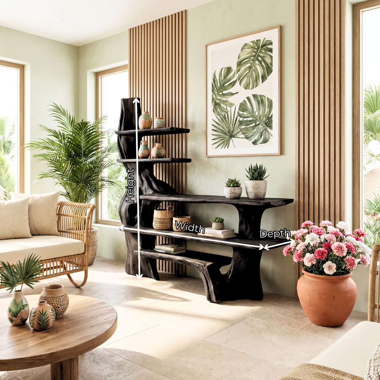 Sculptural Solid Wood Console Table with Organic Base and Open Display Shelves Artistic Freeform Console Table