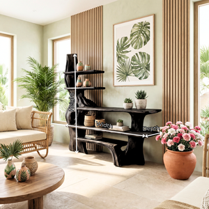 Sculptural Solid Wood Console Table with Organic Base and Open Display Shelves Artistic Freeform Console Table