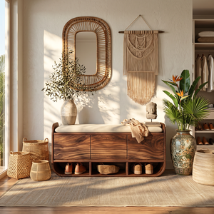 Organic Solid Wood Shoe Cabinet with Entryway Bench and Open Storage
