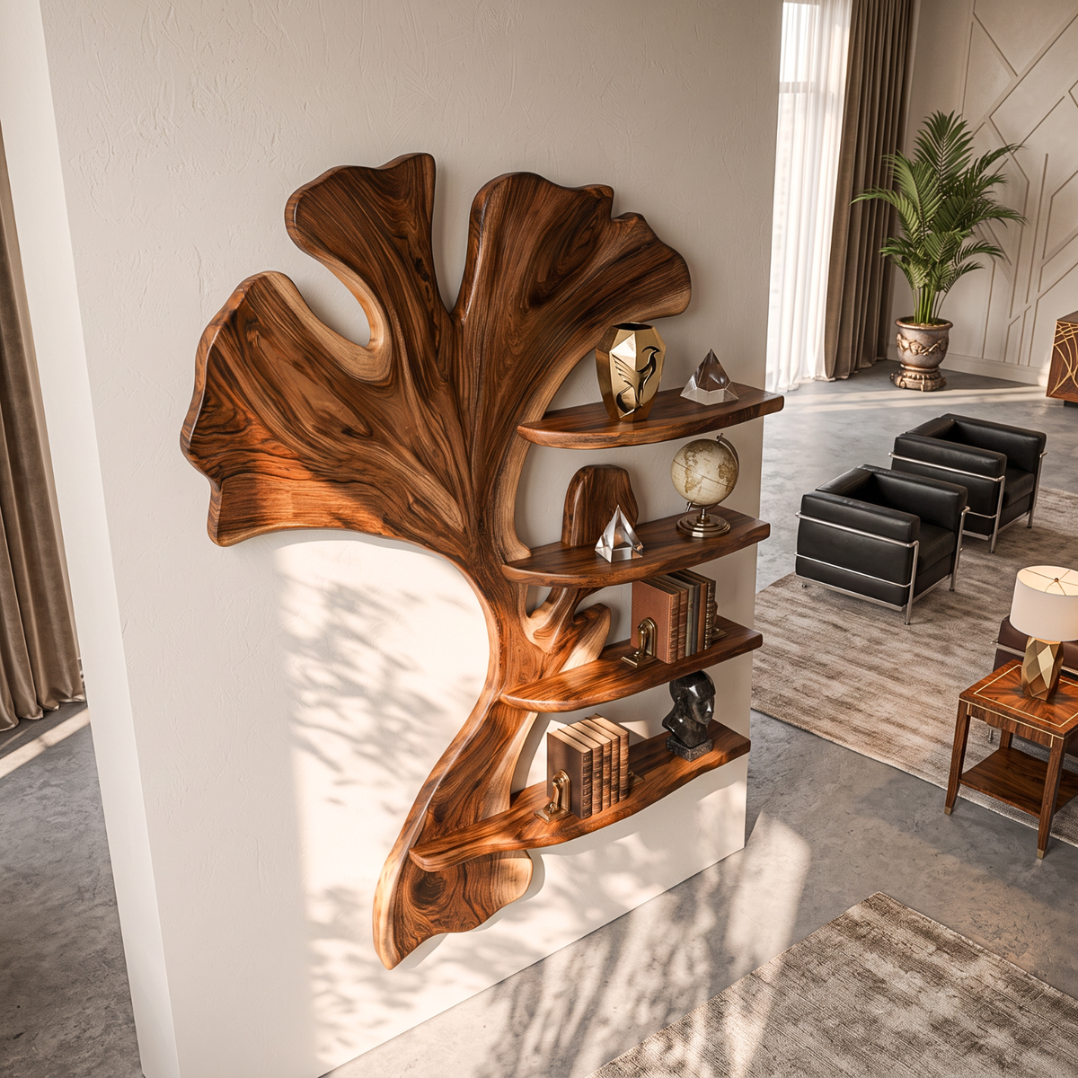 Wall Shelf Solid Wood Ginkgo Leaf Sculpture with Floating Display Shelves for Living Room Decor