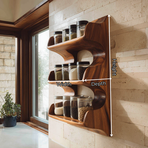 Solid Wood Organic Wall Spice Rack with Flowing Three Shelf Design