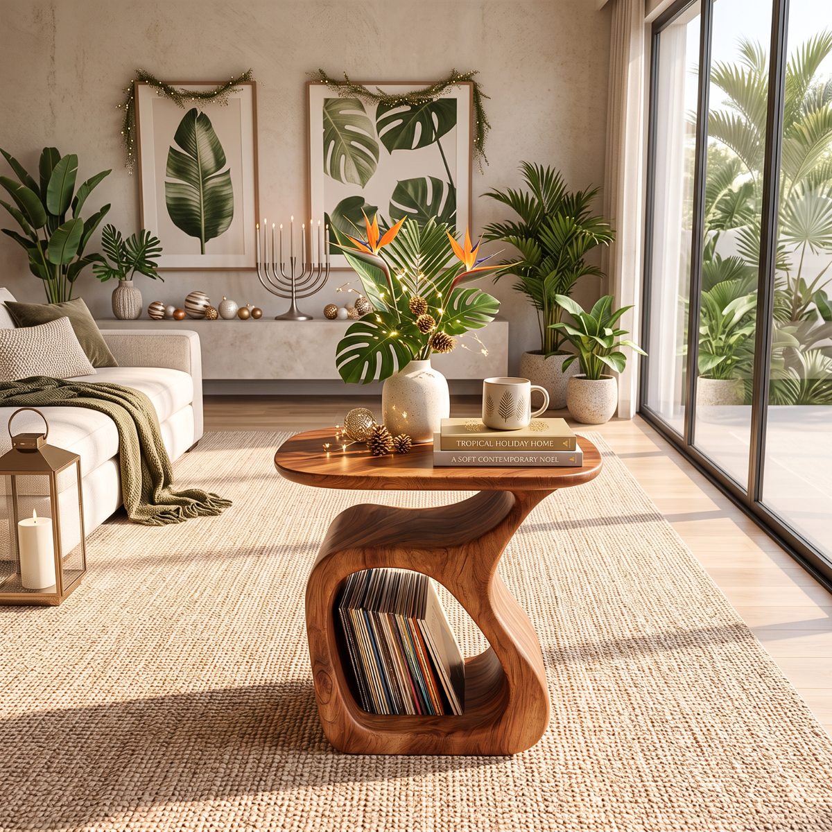 Organic Solid Wood Side Table with Sculptural Base