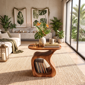 Organic Solid Wood Side Table with Sculptural Base