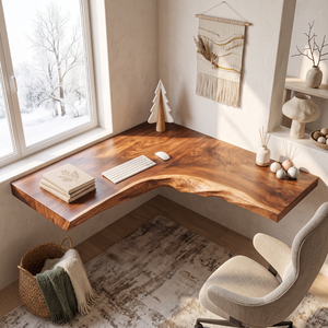 Live Edge Solid Wood Floating Corner Desk with Organic L Shaped Design
