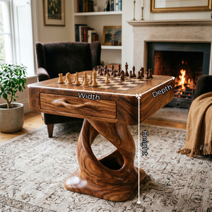 Handcrafted Solid Wood Chess Table with Storage Drawer and Sculptural Pedestal Base