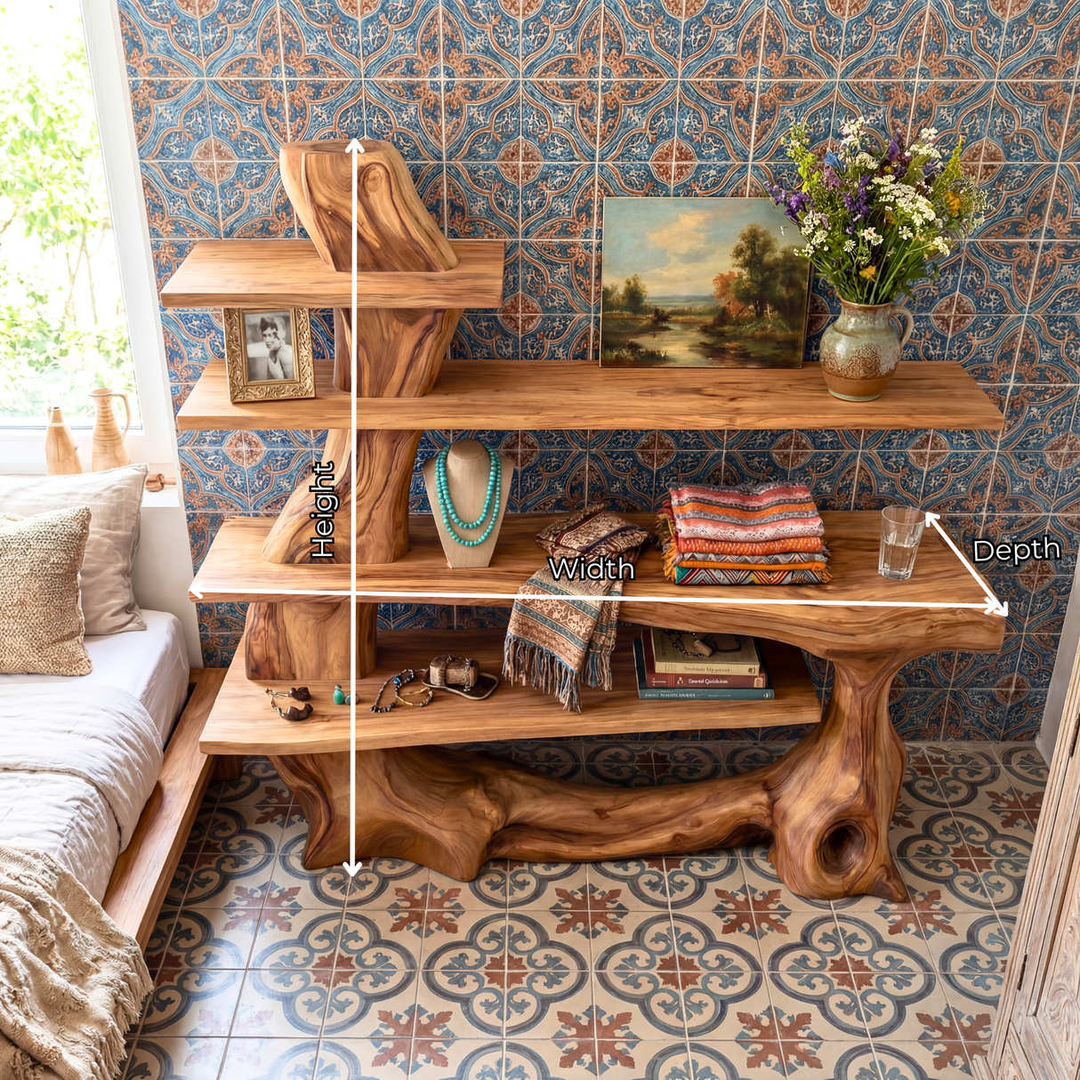 Organic Solid Wood Console Table with Sculptural Base and Open Tier Shelving Artistic Freeform Console Table