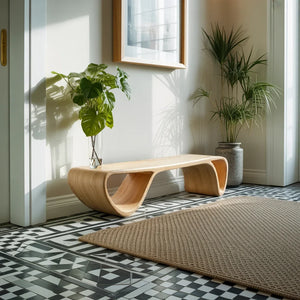 Curved Solid Wood Bench with Open Arch Base for Modern Hallway