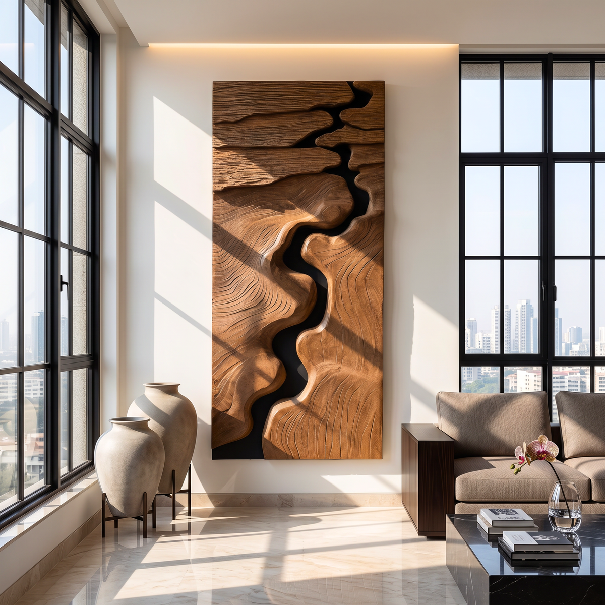 Canyon Inspired Solid Wood Wall Art with Flowing River Carving and Textured Relief