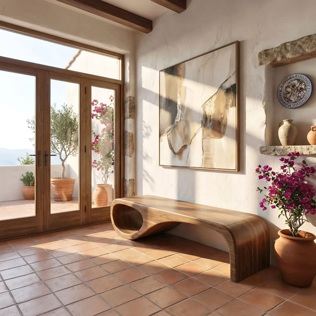 Organic Wood Bench with Sculptural Loop Base for Modern Mediterranean Interiors