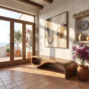 Organic Wood Bench with Sculptural Loop Base for Modern Mediterranean Interiors