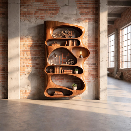 Wall Mounted Sculptural Wood Shelf with Flowing Open Niches