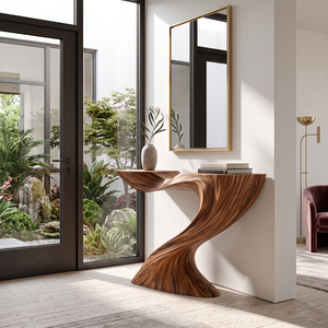 Console Table Solid Wood with Sculptural Swooping Pedestal for Entryway Decor