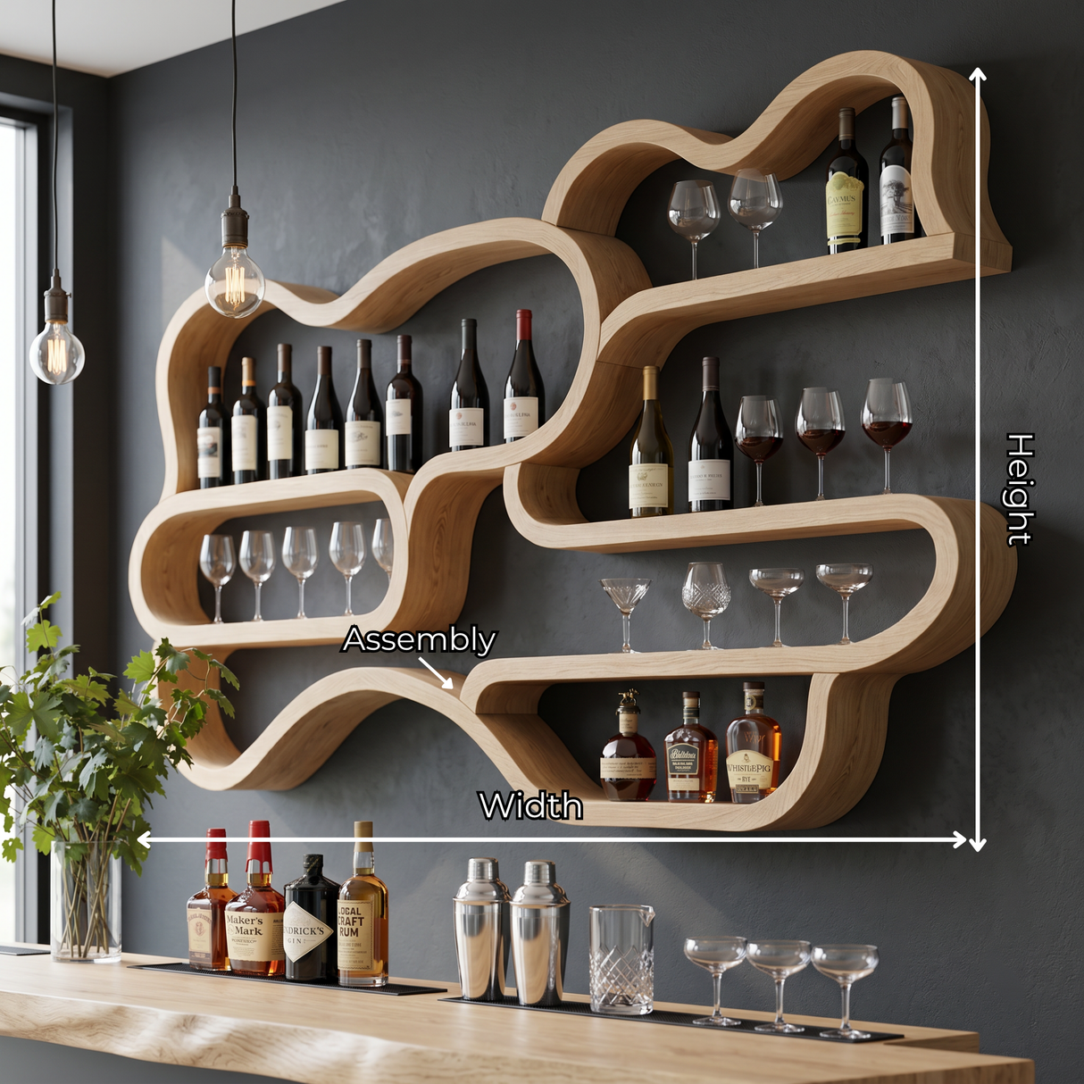 Organic Solid Wood Wall-Mounted Wine Rack with Flowing Shelves