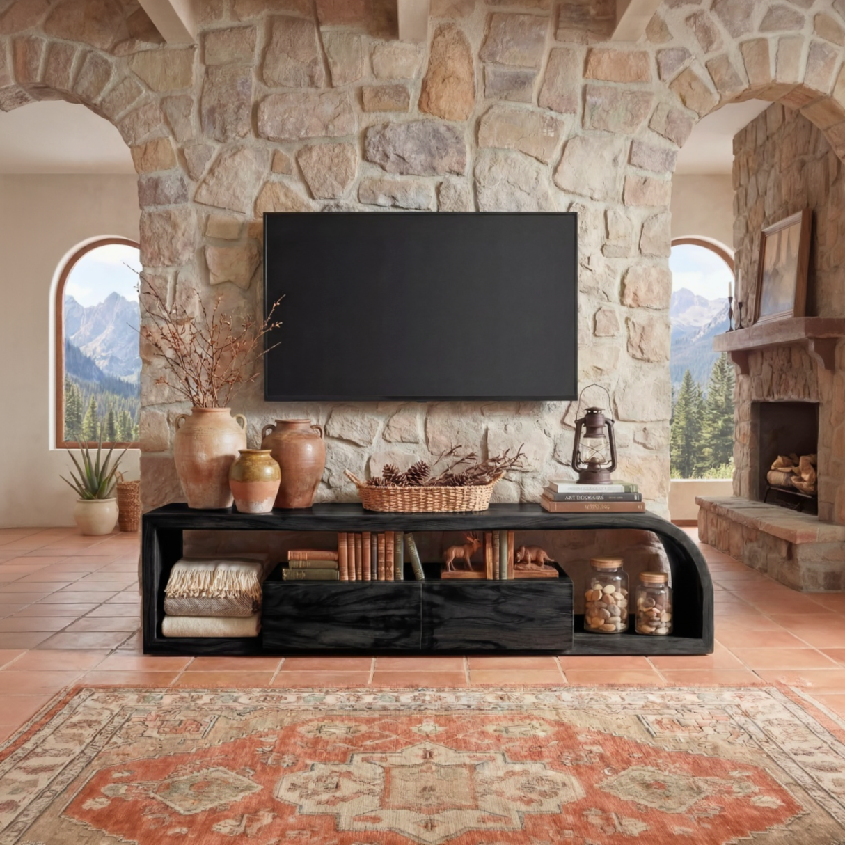 Curved Wood TV Cabinet with Open Shelving, Rustic Modern Media Console for Mediterranean Living Rooms