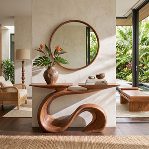 Organic Solid Wood Console Table with Sculptural Wave Base and Flowing S Curve Design