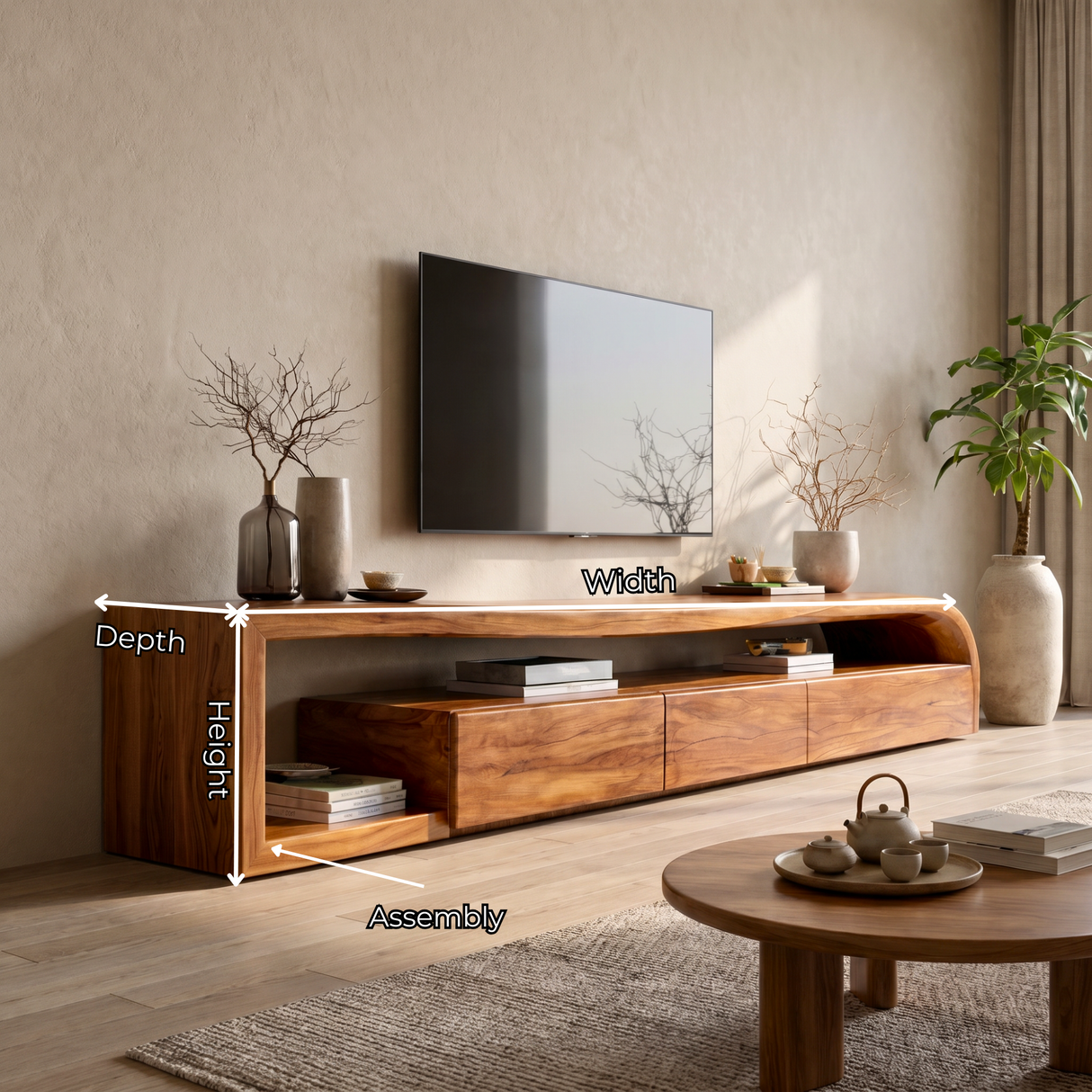 Sculptural Solid Wood TV Console with Curved Side Shelf and Storage Drawers