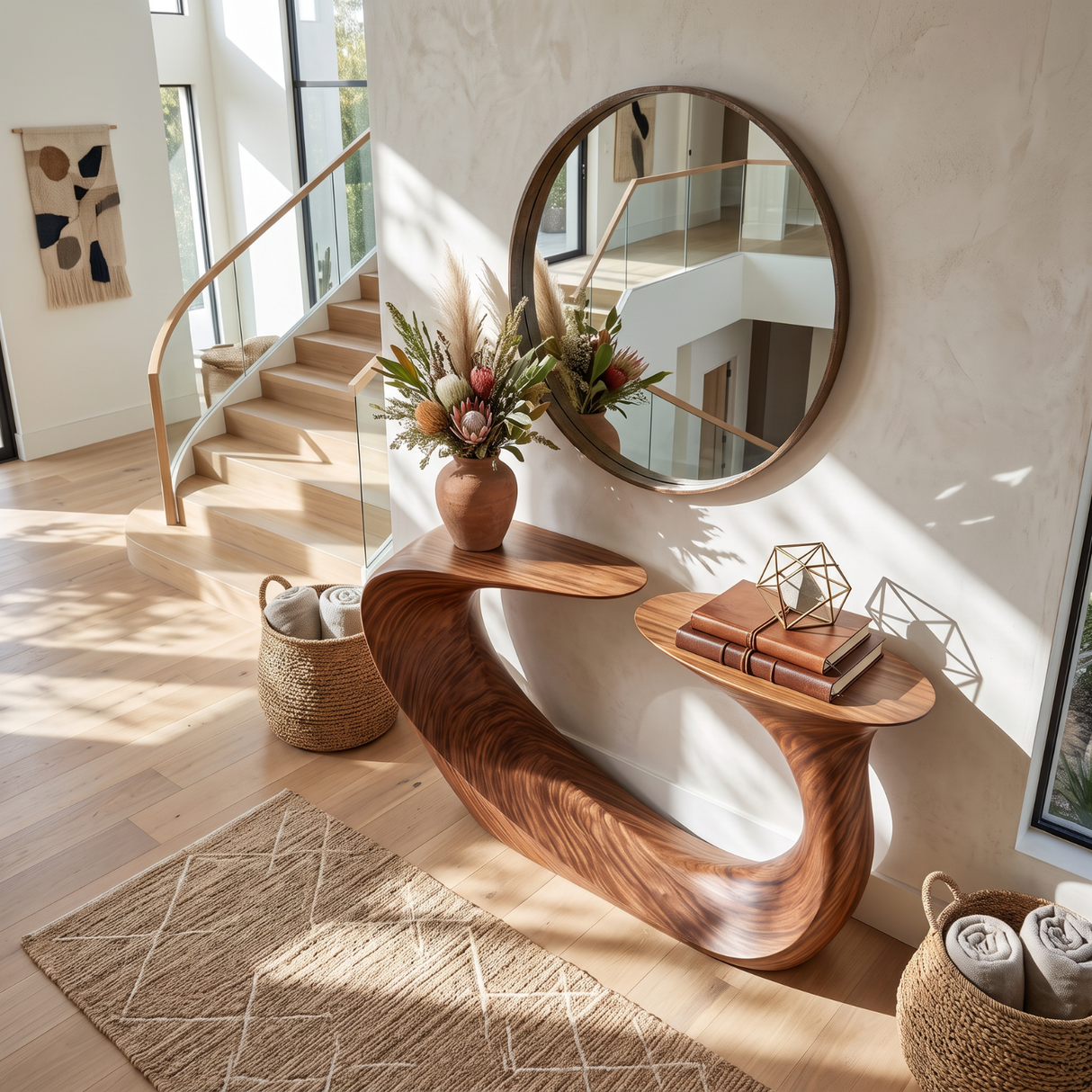 Handcrafted Solid Wood Console Table with Sculptural Loop Base