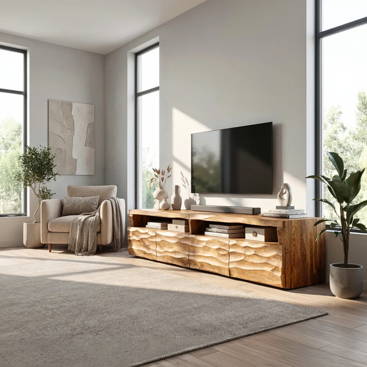 Sculptural Solid Wood TV Cabinet with Hand-Carved Wave Front