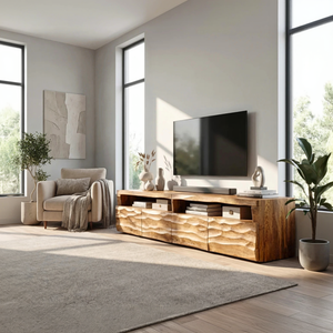 Sculptural Solid Wood TV Cabinet with Hand-Carved Wave Front