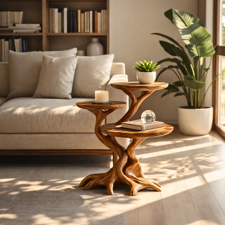 Root Form Three Level Wood Accent Table with Sculptural Branch Base