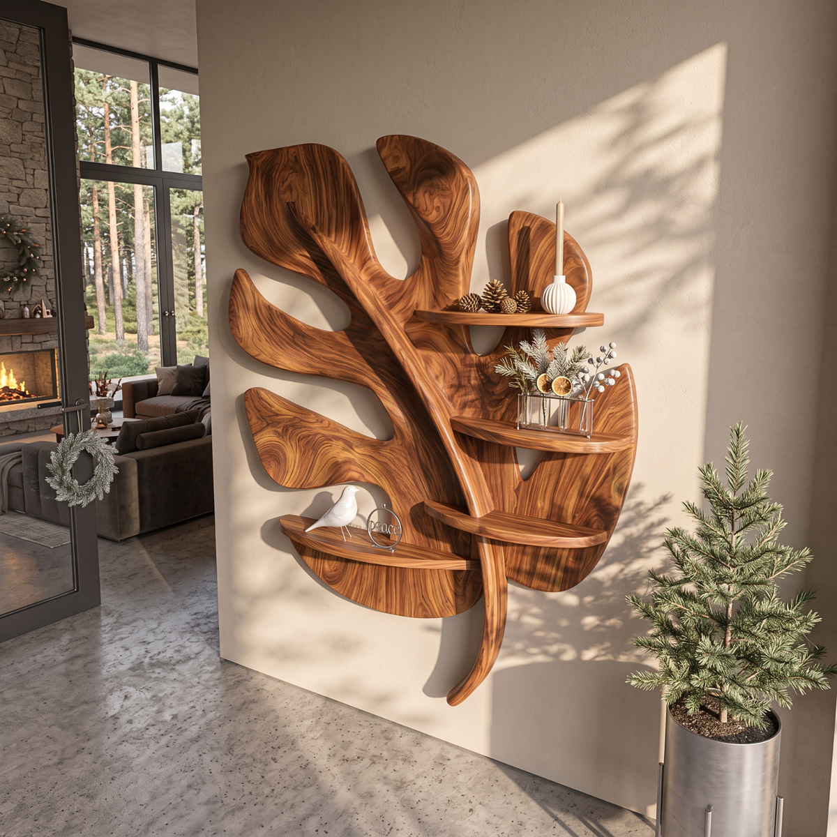 Tropical Leaf Solid Wood Wall Shelf with Sculptural Branch Display Design