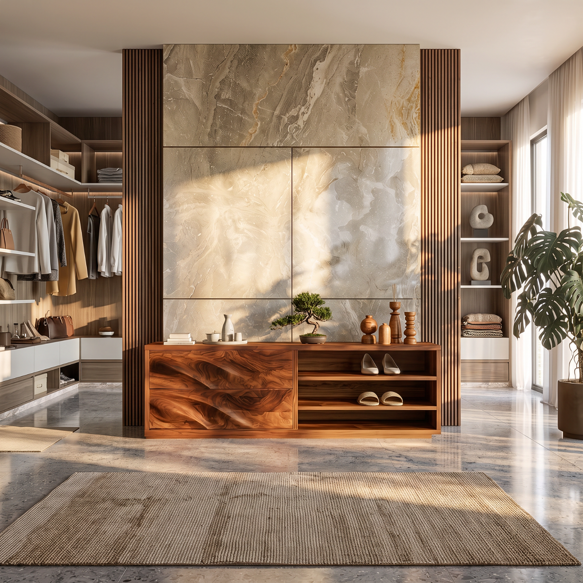 Modern Solid Wood Shoe Cabinet with Sculpted Drawers and Open Shelves