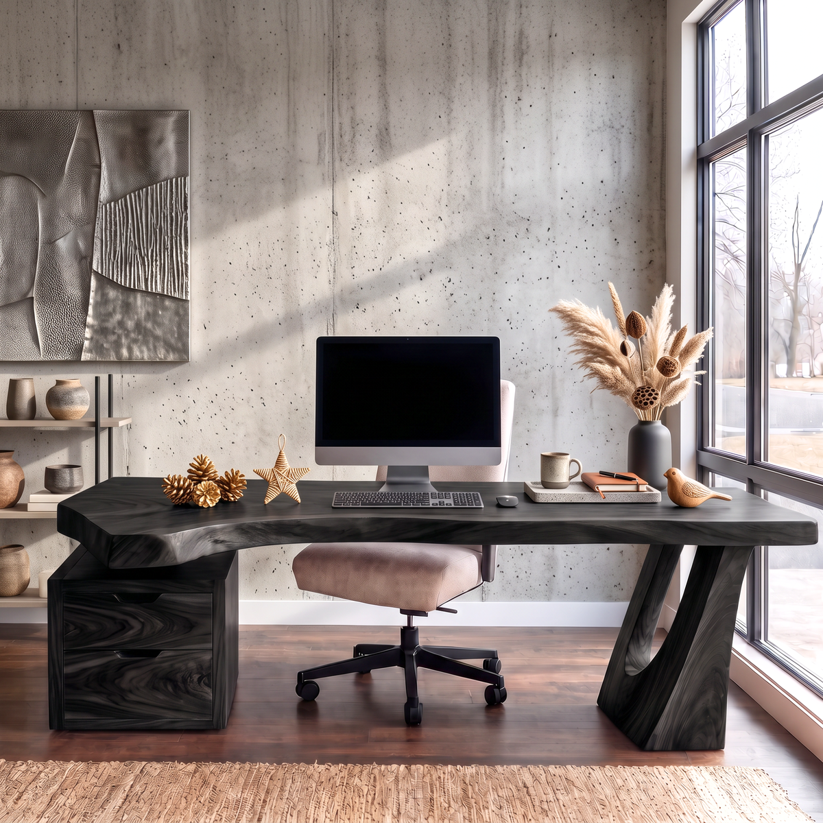 Sculptural Solid Wood Desk With Drawer Cabinet For Home Office