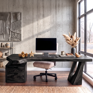 Sculptural Solid Wood Desk With Drawer Cabinet For Home Office
