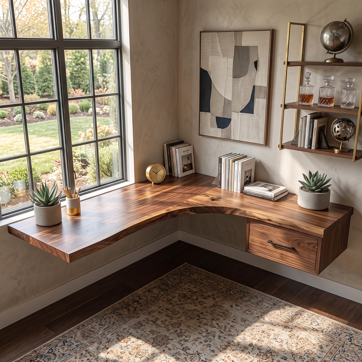 Floating Corner Desk Solid Wood with Live Edge Top and Built-In Drawer for Home Office