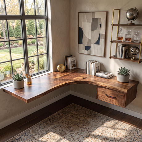 Floating Corner Desk Solid Wood with Live Edge Top and Built-In Drawer for Home Office
