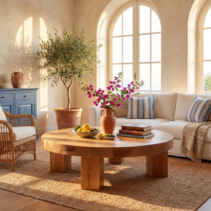 Round Wood Coffee Table with Chunky Block Legs