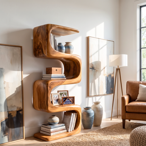 Bookshelf Solid Wood with Sculptural S Curve Shelves