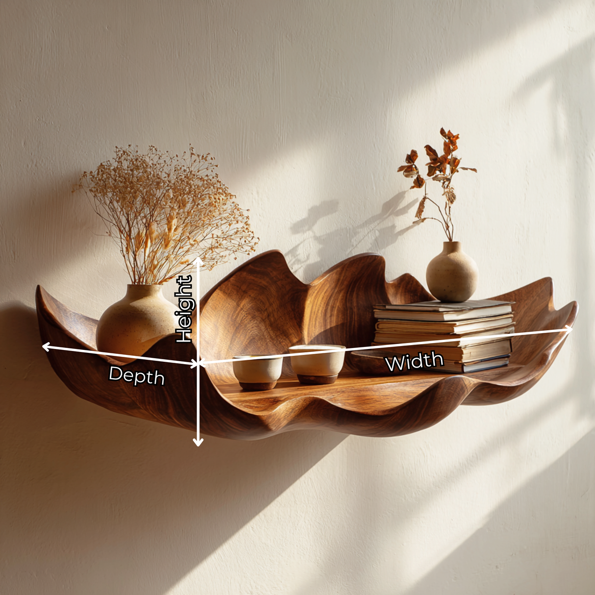 Handcrafted Solid Wood Bloom Tray Wall Shelf with Sculpted Petal Edge